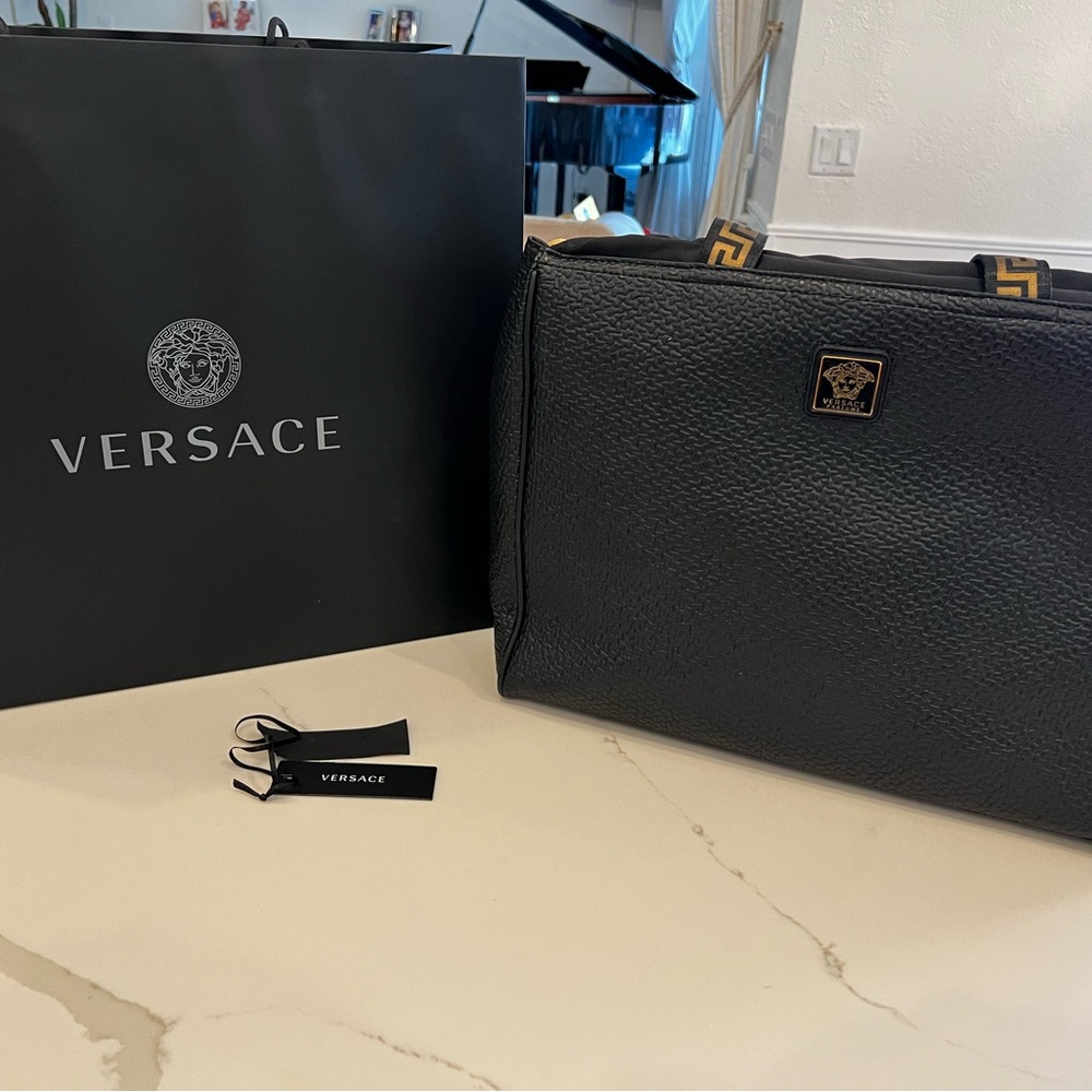 Brand New VERSACE Black Textured Tote Bag with Gold Medusa Logo